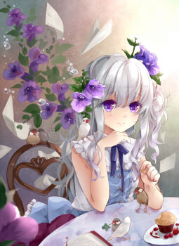 1girl bird female_focus flower food hair_flower hair_ornament java_sparrow long_hair muffin original puracotte purple_eyes side_ponytail silver_hair smile solo table wavy_hair white_java_sparrow