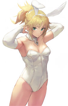 Rule 34 | 1girl, armpits, arms up, bare legs, bare shoulders, blonde hair, braid, breasts, cleavage, closed mouth, collar, detached sleeves, fate/apocrypha, fate (series), green eyes, half up braid, highres, leotard, long hair, looking at viewer, miyamoto satoru, mordred (fate), mordred (fate/apocrypha), parted bangs, playboy bunny, ponytail, revision, scrunchie, sidelocks, small breasts, solo, white collar, white leotard, white scrunchie, white sleeves