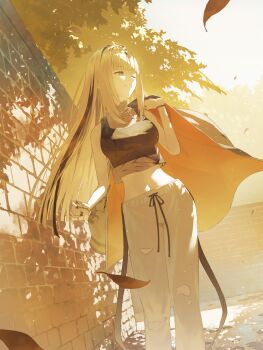 1girl :d ;d black_shirt black_streaks black_tank_top blonde_hair blue_eyes blunt_ends commentary_request cropped_shirt curtained_hair day fagi_(kakikaki) falling_leaves grey_pants grin highres holding holding_removed_eyewear holding_unworn_clothes holding_unworn_jacket hololive hololive_dev_is jacket koganei_niko koganei_niko_(1st_costume) leaf long_hair midriff multicolored_hair navel one_eye_closed open_mouth outdoors pants see-through_clothes see-through_shirt shirt smile solo straight_hair streaked_hair sweatpants tank_top torn_clothes torn_pants unworn_eyewear unworn_jacket virtual_youtuber