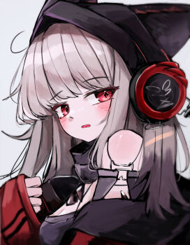 1girl animal_ears arknights bare_shoulders beanie behind-the-head_headphones black_hat blush breasts commentary_request diamond-shaped_pupils diamond_(shape) ears_through_headwear fox_ears fox_girl frostleaf_(arknights) grey_hair grey_shirt hat headphones highres implied_extra_ears jacket kari90909 looking_at_viewer material_growth medium_hair off-shoulder_shirt off_shoulder open_mouth oripathy_lesion_(arknights) red_eyes red_jacket shirt simple_background small_breasts solo symbol-shaped_pupils upper_body white_background