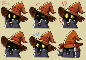 Rule 34 | !?, 1boy, artist name, black mage (final fantasy), blue coat, closed eyes, coat, cropped torso, final fantasy, final fantasy ix, gloves, glowing, glowing eyes, grey background, hat, hat ribbon, highres, holding, holding unworn clothes, holding unworn hat, light blush, male focus, multiple expressions, multiple views, red gloves, ribbon, unworn hat, unworn headwear, vivi ornitier, watawata22, wizard hat, yellow eyes