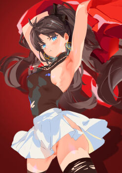 1girl absurdres armpits black_hair black_shirt black_thighhighs blue_eyes breasts earrings fate/stay_night fate_(series) highres honkai:_star_rail honkai_(series) jacket jewelry long_hair looking_at_viewer miaosu miniskirt necklace no_panties pout red_background red_jacket shirt simple_background skirt small_breasts solo thighhighs tohsaka_rin tohsaka_rin_(honkai:_star_rail) torn_clothes torn_thighhighs twintails very_long_hair white_skirt