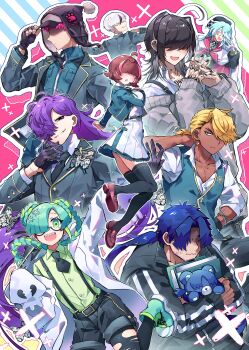 1girl 6+boys :d :o :| ^_^ absurdres ahoge aizawa_haru_(mekakare) androgynous animal_hands ankle_boots antenna_hair aqua_boots aqua_eyes aqua_hair aqua_jacket aqua_pants aqua_skirt aqua_vest arm_at_side arm_up azamuki_shigure barbell_piercing beard_stubble belt belt_buckle beret black-framed_eyewear black_belt black_coat black_eyes black_gloves black_hair black_hat black_jacket black_nails black_necktie black_pants black_pantyhose black_ribbon black_shorts black_thighhighs blazer blonde_hair blue_background blue_hair blue_jacket blue_pants blunt_bangs blush book boots bracelet braid braided_bun braided_ponytail breasts broken_heart_print brooch brown_hair brown_sash brown_shoes buckle butterfly_brooch butterfly_hair_ornament charm_snowel checkered_hat checkered_necktie chest_tattoo chullo clipboard closed_eyes closed_mouth coat collar_chain_(jewelry) collarbone collared_shirt colored_eyelashes covered_eyes cowboy_shot curtained_hair dark-skinned_male dark_skin double_bun dress_shirt ear_piercing earrings empty_eyes expressionless eyeshadow eyeshadow_under_eye facial_hair facing_viewer fangs feet_out_of_frame finger_tattoo fingerless_gloves fish_skeleton_hair_ornament foot_out_of_frame forked_eyebrows from_behind from_side fuji_den_fujiko full_body ghost_pose glasses gloved_sleeves gloves green_background green_boots green_eyes green_hair green_shirt grey_hair grey_shirt grey_shoes grey_sweater grin hair_behind_ear hair_bun hair_intakes hair_ornament hair_over_eyes hair_over_one_eye hair_over_shoulder half-closed_eyes half_gloves hanare_shimaki hand_in_pocket hand_on_headwear hand_on_own_chest hand_on_own_chin hand_on_own_hip hand_on_own_neck hand_tattoo hand_up hands_up hat hat_bell highres holding holding_book holding_clipboard holding_stuffed_toy honeycomb_earrings hood hood_down hooded_coat hugging_object interlocked_fingers irogae_mizore jacket jacket_on_shoulders jewelry kubari_donzaburo lab_coat lace-up_boots lapel_pin lapels large_breasts layered_skirt leaning_forward light_blush loafers long_coat long_hair long_sleeves looking_at_viewer looking_back looking_to_the_side low_ponytail makeup medium_hair mekakare miniskirt mole mole_on_collarbone monocle multicolored_boots multicolored_hair multiple_boys nail_polish neck_piercing neck_ribbon necktie nervous notched_lapels off-shoulder_sweater off_shoulder official_art one_eye_covered open_clothes open_coat open_collar open_hand open_jacket open_mouth outline outstretched_arm own_hands_together pankou pants pants_rolled_up pantyhose parted_bangs parted_lips paw_gloves paw_print pectoral_cleavage pectorals petite piercing pigeon-toed pink_background pink_hair pink_jacket pleated_skirt polo_shirt pom_pom_hat_ornament ponytail popped_collar profile promotional_art purple_eyeshadow purple_hair ribbon saejima_raime sanpaku school_uniform semi-rimless_eyewear shaded_face sharp_teeth shirt shirt_tucked_in shoe_soles shoes short_bangs short_hair short_necktie short_ponytail short_shorts shorts side_part sidelocks sideways_glance single_earring single_off_shoulder skirt sleeves_rolled_up slouching smile smirk sparkle spike_piercing standing standing_on_one_leg streaked_hair striped_background strongman_waist stubble stuffed_animal stuffed_toy suspenders sweatdrop sweater tattoo teddy_bear teeth thick_eyebrows thighhighs torn_clothes torn_coat torn_pantyhose track_jacket tsumuribe_kiriwo tsurime turtleneck turtleneck_shirt two-sided_fabric two-sided_jacket two-tone_boots two-tone_hair under-rim_eyewear untucked_shirt upper_body utagai_nijisuke v v-shaped_eyebrows very_long_hair vest wavy_mouth white_coat white_gloves white_hair white_jacket white_necktie white_outline white_shirt white_skirt wrinkled_skin wristband yellow_lips zipper