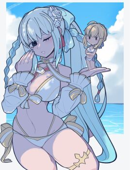 2girls artoria_pendragon_(fate) blonde_hair blue_eyes blue_nails blush commentary_request fate/grand_order fate_(series) hair_between_eyes highres ichigo_berry long_hair looking_at_viewer morgan_le_fay_(fate) morgan_le_fay_(water_princess)_(fate) multiple_girls ponytail swimsuit very_long_hair white_hair