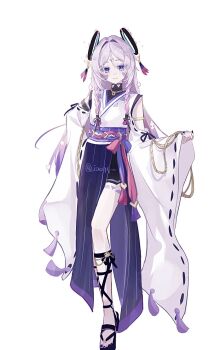 1girl black_sandals blue_eyes blush braid citlali_(genshin_impact) dress genshin_impact highres iooqq japanese_clothes long_hair long_sleeves looking_at_viewer pink_hair sandals twin_braids twitter_username