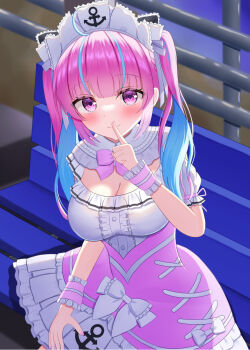 1girl ahoge anchor_print anchor_symbol blush bow bowtie breasts cleavage dress finger_to_mouth frilled_wrist_cuffs frilled_wristband frills highres hololive long_hair looking_at_viewer maid maid_headdress minato_aqua minato_aqua_(8th_costume) multicolored_hair official_alternate_costume pink_bow pink_bowtie pink_dress pink_hair pink_wrist_cuffs poketyuu_wiz simple_background smile solo streaked_hair striped_clothes striped_wrist_cuffs twintails two-tone_hair virtual_youtuber white_headdress wrist_cuffs