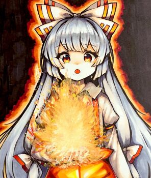 Rule 34 | 1girl, aura, black background, bow, collared shirt, commentary request, cowboy shot, fire, fujiwara no mokou, hair bow, highres, long hair, looking at viewer, marker (medium), open mouth, pyrokinesis, red eyes, shirt, solo, suspenders, tatuhiro, touhou, traditional media, very long hair, white bow, white hair, white shirt