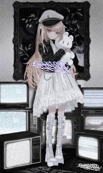 1girl absurdres barcode black_jacket blonde_hair boots closed_mouth cross cross_earrings dial_television dress earrings full_body hair_ribbon hat highres holding holding_stuffed_toy jacket jewelry knee_boots long_hair long_sleeves looking_at_viewer original peaked_cap red_eyes ribbon solo standing static stuffed_animal stuffed_rabbit stuffed_toy television two_side_up very_long_hair white_boots white_dress white_hat white_ribbon zhayoulu