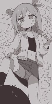 1boy 1girl antenna_hair aubrey_(faraway)_(omori) aubrey_(omori) bare_legs blush bow_hairband closed_mouth collarbone commentary_request crotch_seam dokan_(dkn) double-parted_bangs expressionless from_below grey_background greyscale hair_between_eyes hair_ribbon hairband highres jacket knee_up long_hair long_sleeves monochrome navel omori open_clothes open_jacket panties ribbon sailor_collar shirt sidelocks simple_background skirt solo_focus standing straight_hair sunny_(omori) sweat underwear