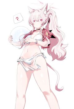1girl ? absurdres akira_(blue_archive) animal_ears bead_bracelet beads bell bikini black_choker blue_archive bracelet breasts cat_ears cat_tail choker collarbone cropped_jacket groin hair_between_eyes halo highres holding jacket jewelry long_hair looking_to_the_side medium_breasts navel neck_bell open_clothes open_jacket pink_eyes pink_hair plentyofempty ponytail red_jacket see-through_clothes simple_background solo spoken_question_mark swimsuit tail thighs white_background white_bikini zipper