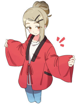 Rule 34 | 1girl, blue pants, blush, closed mouth, collarbone, colored eyelashes, commentary request, cowboy shot, cropped legs, fingernails, fumi tsu ki, gakuen idolmaster, hair bun, hair ornament, hairclip, hanten (clothes), idolmaster, jacket, looking at viewer, orange eyes, pants, parallel hairclips, pinching sleeves, pink nails, red jacket, shinosawa hiro, shirt, short hair with long locks, simple background, single hair bun, sleeves past wrists, smile, solo, standing, swept bangs, t-shirt, white background, white shirt, wide sleeves