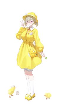 1girl absurdres baby_animal bag bird blonde_hair blush breasts chick clover commentary dress eggshell elegg_(nikke) fang full_body goddess_of_victory:_nikke hair_ornament hairclip hat highres holding holding_clover large_breasts looking_at_viewer mary_janes name_tag nikku_nana red_eyes red_ribbon ribbon shoes short_hair short_twintails simple_background socks solo standing symbol-only_commentary twintails v white_background white_socks yellow_dress yellow_hat yellow_shoes
