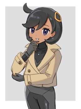 Rule 34 | 1girl, black hair, bodysuit, bodysuit under clothes, border, brown jacket, candy (msyy3885), collared jacket, commentary request, covered collarbone, cowboy shot, emma (pokemon), grey background, grin, hand on own elbow, hand up, highres, jacket, long sleeves, nintendo, outside border, pokemon, pokemon legends: z-a, ring hair ornament, short hair, side ahoge, smile, solo, white border