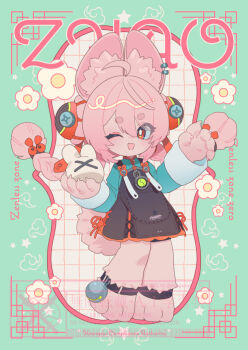 1girl animal_ear_fluff animal_ear_piercing animal_ears animal_feet anklet braid braided_twintails bright_pupils character_name checkered_background commentary_request full_body furry furry_female green_background green_shirt holding jewelry long_hair looking_at_viewer momoiro_oji one_eye_closed open_mouth pink_fur pink_hair rabbit_ears rabbit_girl red_eyes screw shirt short_eyebrows solo thick_eyebrows two-tone_background white_background white_pupils zenless_zone_zero zhao_(zenless_zone_zero)