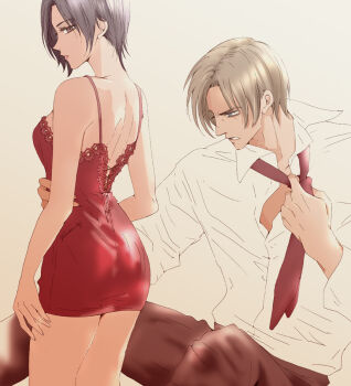 1boy 1girl ada_wong arm_around_waist black_hair black_pants blonde_hair blue_eyes breasts brown_eyes clenched_teeth collared_shirt couple furrowed_brow hetero hirano_kouta_(hsotd) leon_s._kennedy lingerie medium_breasts necktie negligee omusrais pants parted_bangs parted_lips red_necktie red_negligee resident_evil shirt simple_background teeth underwear white_shirt
