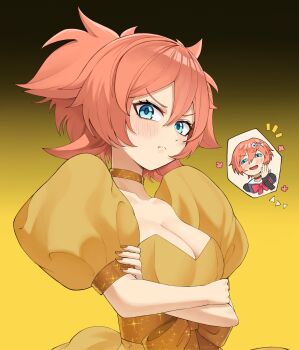 2girls absurdres black_background blue_eyes blush bow bowtie breasts cleavage closed_mouth commentary commission dress english_commentary fish_skeleton_hair_ornament gold_choker gradient_background highres indie_virtual_youtuber large_breasts looking_at_viewer messy_hair migokami multiple_girls orange_hair orion_eve orion_vega pout puffy_short_sleeves puffy_sleeves red_bow red_bowtie ribbon short_hair short_sleeves smug solo_focus sparkle twintails upper_body virtual_youtuber yellow_background yellow_dress yellow_ribbon