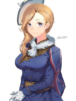 1girl ascot azur_lane blonde_hair blue_capelet blue_eyes blush breasts capelet dress earrings frilled_ascot frills gloves gundamggpp hair_over_shoulder hat highres hood_(azur_lane) jewelry large_breasts long_hair looking_at_viewer medium_breasts smile solo union_jack union_jack_print upper_body white_background white_gloves