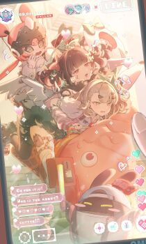 Rule 34 | 3girls, absurdres, angels of delusion, aria (zenless zone zero), bangboo (zenless zone zero), blush, chat log, english text, glowstick, highres, holding, holding glowstick, livestream, multiple girls, nangong yu, official art, riding, robot girl, social network, sunna (zenless zone zero), surprised, zenless zone zero
