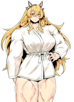 Rule 34 | 1girl, barghest (fate), biceps, blonde hair, blush, breasts, commentary, fate/grand order, fate (series), green eyes, heterochromia, highres, horns, large breasts, long hair, long sleeves, looking at viewer, minew, muscular, muscular female, red eyes, shirt, solo, thick thighs, thighs, white shirt