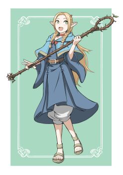 1girl ambrosia_(dungeon_meshi) belt blonde_hair blue_capelet blue_hood blue_robe border braid brown_belt capelet choker commentary dungeon_meshi elf feet full_body green_background green_eyes half_up_half_down_braid highres holding holding_staff hood hood_down hooded_capelet legs light_blush long_hair looking_to_the_side marcille_donato mori_kuro_pp open_mouth pointy_ears red_choker robe sandals smile solo staff twin_braids white_border