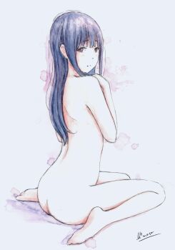 1girl absurdres ass barefoot bbmasa black_hair commentary completely_nude feet from_behind frown full_body grey_background hands_up hibike!_euphonium highres liz_to_aoi_tori long_hair looking_at_viewer looking_back median_furrow nude red_eyes shoulder_blades signature simple_background sitting solo traditional_media wariza yoroizuka_mizore