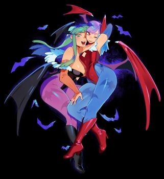 2girls animal_print arm_behind_head armpits bare_shoulders bat_(animal) bat_print black_background black_boots black_leotard black_wings blue_pantyhose blue_sleeves blunt_bangs boots breasts bridal_gauntlets cleavage cleavage_cutout clothing_cutout darkstalkers demon_girl demon_wings fangs feather_trim full_body green_eyes green_hair hand_on_another&#039;s_thigh head_wings high_heel_boots high_heels highleg highleg_leotard highres large_breasts leotard lilith_(darkstalkers) long_hair medium_breasts morrigan_aensland multiple_girls one_eye_closed open_mouth orange_sleeves pantyhose presenting_armpit print_pantyhose purple_hair purple_pantyhose red_boots red_eyes red_leotard red_wings short_hair sidelocks signature smile tongue tongue_out wings zambiie