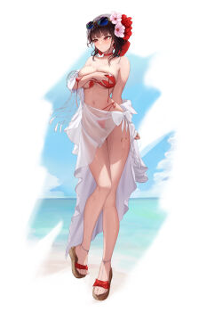 1girl absurdres bare_shoulders bikini choker commentary eyewear_on_head flower full_body goddess_of_victory:_nikke hair_flower hair_ornament has_bad_revision has_downscaled_revision highres md5_mismatch navel official_alternate_costume pink_flower red_bikini red_choker resolution_mismatch sakura_(bloom_in_summer)_(nikke) sakura_(nikke) sandals sarong siyeong solo source_smaller stomach sunglasses swimsuit thighs white_background
