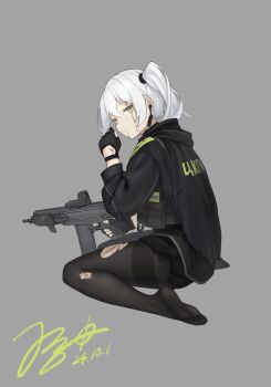 1girl absurdres am-17 assault_rifle black_cape black_gloves black_hoodie black_pantyhose black_skirt blood blood_from_mouth blood_on_clothes blood_on_face blood_on_hands bloody_tears bulletproof_vest cape carabiner clothes_writing commentary cuts dated earpiece feet foregrip from_side gloves green_eyes grey_background gun hair_tie hand_up highres holding holding_gun holding_weapon hood hoodie injury jerry_wang kalashnikov_rifle kneeling laser_sight load_bearing_vest long_sleeves looking_at_viewer magazine_(weapon) medium_hair military_operator miniskirt no_shoes one_side_up optical_sight original pantyhose parted_lips partially_fingerless_gloves rifle signature simple_background sitting skirt soles strap tactical_clothes toes torn_cape torn_clothes torn_pantyhose wariza weapon white_hair