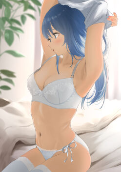 1girl absurdres armpits arms_up bed_sheet blue_eyes blue_hair blurry blurry_background blush bra breasts caeda_(fire_emblem) commentary_request commission fingernails fire_emblem fire_emblem:_mystery_of_the_emblem fire_emblem:_shadow_dragon highres indoors lace lace-trimmed_panties lace_trim long_hair looking_to_the_side medium_breasts nail_polish navel nintendo panties parted_lips pink_nails plant side-tie_panties sitting skeb_commission solo stomach tama_(tamago) thighhighs underwear undressing white_bra white_panties white_thighhighs