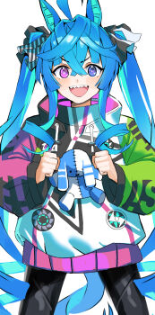 1girl absurdres ahoge animal_ears aqua_hair black_leggings blue_eyes blue_hair blush bow coat crossed_bangs drawstring fangs franz2543 heterochromia highres hood hooded_coat hoodie horse_ears horse_girl horse_tail leggings long_hair long_sleeves looking_at_viewer multicolored_coat multicolored_hair multicolored_hoodie open_mouth purple_eyes sharp_teeth sidelocks simple_background smile solo stuffed_animal stuffed_rabbit stuffed_toy tail teeth twin_turbo_(blast_mode!_turbo_engine)_(umamusume) twin_turbo_(umamusume) twintails umamusume upper_body white_background