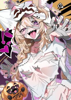 1girl absurdres animal_ear_fluff animal_ears black_nails blonde_hair breasts collarbone fox_ears fox_girl hair_through_hood halloween_costume heart highres hololive jack-o&#039;-lantern long_braid multicolored_hair mummy_costume navel omaru_polka pink_hair purple_eyes shadow sharp_teeth stitched_torso stitches streaked_hair sui_hi_sf teeth tongue tongue_out torn_clothes upper_teeth_only virtual_youtuber zain_(omaru_polka)