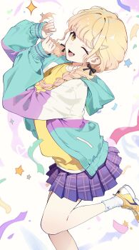 1girl absurdres black_bow blonde_hair blue_nails bow braid commentary fujita_kotone full_body gakuen_idolmaster hair_bow hair_ornament hairclip highres hood hooded_jacket idolmaster jacket looking_at_viewer low_twin_braids medium_hair one_eye_closed open_mouth orange_eyes plaid_clothes plaid_skirt pleated_skirt purple_skirt setsunelhr shirt shoes skirt smile sneakers socks solo standing standing_on_one_leg star_(symbol) streamers swept_bangs twin_braids yellow_shirt yellow_shoes