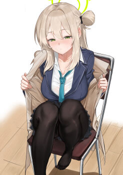 1girl absurdres black_pantyhose blonde_hair blue_archive blue_jacket blue_necktie blush coat collared_shirt commentary_request green_eyes green_halo hair_between_eyes hair_bun halo haoma highres jacket long_hair looking_at_viewer necktie no_shoes nonomi_(blue_archive) open_clothes open_coat pantyhose parted_lips shirt sidelocks single_side_bun sitting solo sweat white_shirt yellow_coat