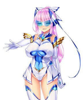 1girl :3 bare_shoulders blue-tinted_eyewear blue_eyes blunt_bangs blush breasts cameltoe chest_jewel covered_erect_nipples covered_navel cowboy_shot elbow_gloves element_venus game_cg gem gloves gluteal_fold hair_ribbon headgear high_ponytail highleg highleg_leotard impossible_clothes impossible_leotard kisaragi_nozomi large_breasts large_variant_set legs_apart leotard long_hair looking_at_viewer magical_girl non-web_source official_art open_mouth outstretched_arm parted_lips pink_hair ponytail ribbon satou_kuuki shinsou_seiki_elementia shiny_clothes shiny_skin showgirl_skirt skin_tight skirt smile solo standing thighhighs tinted_eyewear transparent_background variant_set white_gloves white_leotard white_thighhighs