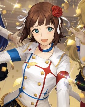 3girls amami_haruka blonde_hair blue_eyes blue_hair brown_hair concert confetti flower hair_flower hair_ornament highres hoshii_miki idolmaster idolmaster_(classic) kisaragi_chihaya kouzuki_kei long_hair looking_at_viewer multiple_girls open_mouth rose smile solo_focus