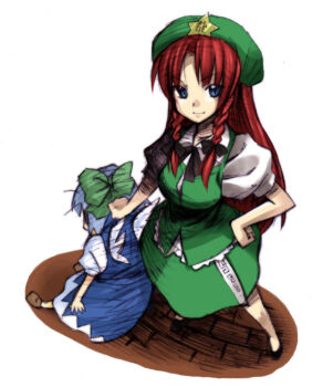 2girls beret blue_dress blue_hair bow braid cirno dress female_focus hair_bow hat hong_meiling ice ice_wings long_hair multiple_girls neck_ribbon puffy_short_sleeves puffy_sleeves red_hair ribbon shoes shoot_the_bullet short_hair short_sleeves star_(symbol) suina touhou twin_braids white_background wing_collar wings