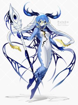 Rule 34 | 1girl, absurdres, argyle background, black sclera, blue eyes, blue hair, blue horns, blue skin, colored sclera, colored skin, commentary request, cracked skin, full body, highres, holding, holding staff, hollow body, horns, long hair, looking at viewer, mage staff, original, ruteko (ruko220), shadow, solo, staff, very long hair, white background, white skin