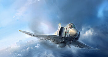 1boy aim-7_sparrow aim-9_sidewinder air-to-air_missile aircraft airplane cloud commentary english_commentary external_fuel_tank f-4_phantom_ii fighter_jet flying helmet highres julien_lepelletier military_vehicle original outdoors pilot_helmet roundel signature sky united_states_navy vehicle_focus