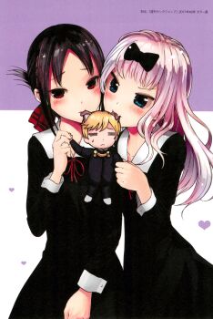 1boy 2017 2girls =_= absurdres akasaka_aka animal_ears black_dress black_hair blonde_hair blue_eyes blush chest_ribbon collared_dress dress ear_in_mouth embarrassed fang folded_ponytail fujiwara_chika furrowed_brow heart highres kaguya-sama_wa_kokurasetai_~tensai-tachi_no_renai_zunousen~ light_frown long_hair multiple_girls nervous_sweating non-web_source official_art pink_hair red_eyes school_uniform shinomiya_kaguya shirogane_miyuki shuuchiin_academy_school_uniform sweat v-shaped_eyebrows