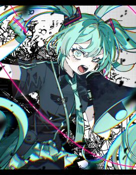+_+ 1girl :o bag black_shirt blue_eyes blue_gloves blue_hair blue_necktie blue_skirt blush chromatic_aberration collared_shirt cowboy_shot dot_nose dutch_angle floating_hair gloves hair_between_eyes halftone halftone_background hand_up handbag hatsune_miku highres holding holding_megaphone holding_string inu_totemo koi_wa_sensou_(vocaloid) letterboxed long_hair megaphone necktie open_mouth pleated_skirt shirt short_sleeves shouting sidelocks skirt solo string teeth twintails very_long_hair vocaloid