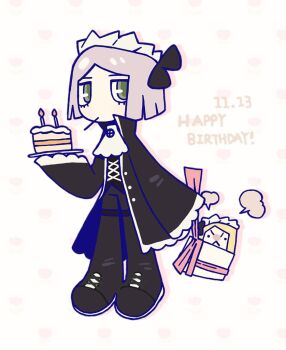 1girl ascot black_boots black_bow black_coat black_pants black_vest bob_cut boots bow cake coat commentary dated food frilled_coat frilled_sleeves frills full_body hair_bow happy_birthday library_of_ruina pamela_(project_moon) pants project_moon short_hair simple_background solo symbol-only_commentary vest white_ascot white_background white_hair yesheng_zong_ren