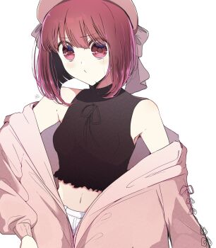 1girl 1other arima_kana beret black_shirt bob_cut breasts closed_mouth commentary crop_top cropped_shirt hat highres inverted_bob jacket medium_breasts medium_hair midriff navel off_shoulder oshi_no_ko pink_hat pink_jacket red_eyes red_hair risdelusions shirt simple_background sleeveless sleeveless_shirt solo symbol-only_commentary white_background