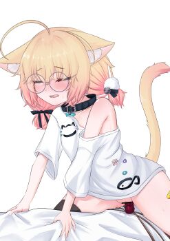 absurdres ahoge animal_collar animal_ear_fluff animal_ears bandaid bandaid_on_knee bandaid_on_leg bar_censor bell black_collar blonde_hair breasts cat_ears cat_girl cat_tail censored closed_eyes collar dildo female_masturbation fish_ornament glasses gradient_hair highres indie_virtual_youtuber long_shirt low_twintails masturbation minikomew multicolored_hair no_pants object_insertion open_mouth pussy ritspi sex_toy simple_background small_breasts tail twintails virtual_youtuber white_background