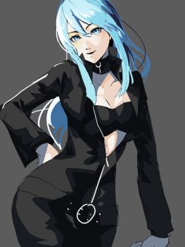 1girl 4me3ba_niku belt blue_eyes blue_hair bodysuit breasts center_opening closed_mouth collar collarbone devil_summoner:_soul_hackers devil_summoner_(series) highres long_hair looking_at_viewer nemissa pale_skin simple_background sketch smile solo zipper
