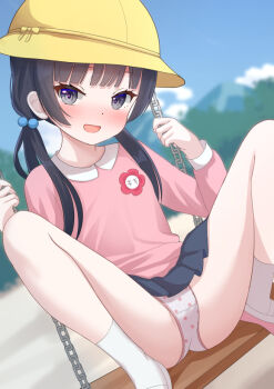1girl ass black_hair blue_archive blue_eyes blue_skirt blush crotch_seam edging_panties edging_underwear hair_bobbles hair_ornament hat kindergarten_uniform kisaki_(blue_archive) kisaki_(kindergarten_uniform)_(blue_archive) knees_up loli long_hair looking_at_viewer nc731 on_swing open_mouth outdoors panties pink_shirt pink_trimmed_panties pleated_skirt polka_dot polka_dot_panties school_hat shirt shoes sitting skirt smile socks solo spread_legs swing thighs trimmed_panties twintails underwear white_panties white_shoes white_socks yellow_hat