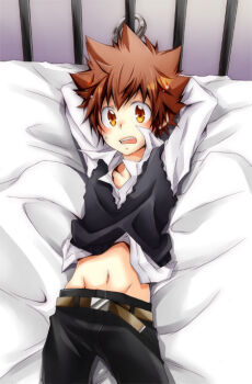 1boy arms_up bdsm bed bondage bound brown_eyes brown_hair clothes_lift cuffs handcuffed handcuffs katekyo_hitman_reborn! kubyou_azami lying male_focus mononoke_hobaku_butai navel on_back sawada_tsunayoshi school_uniform shirt_lift short_hair solo spiked_hair surprised sweat tsuna