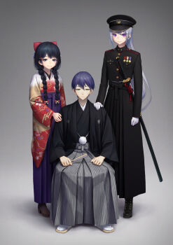 1boy 2girls :3 black_hair blue_eyes blush boots bow braid floral_print gloves green_eyes hair_between_eyes hair_bow hair_ornament hairclip hakama hakama_skirt hand_fan hand_on_shoulder hat high_heels highres higuchi_kaede higuchi_kaede_(military) japanese_clothes katana kath kenmochi_touya kimono long_hair long_skirt looking_at_viewer medal mole mole_under_eye multiple_girls nijisanji pleated_skirt purple_eyes purple_hair sandals sheath sheathed silver_hair sitting skirt smile sweatdrop sword tsukino_mito tsukino_mito_(taishou_roman) twin_braids very_long_hair virtual_youtuber weapon white_gloves white_legwear