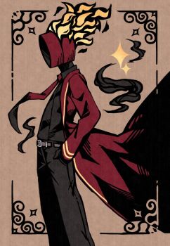 1other belt black_gloves black_shirt burning clock collared_shirt commentary contrapposto dante_(limbus_company) fire gloves hands_in_pockets jacket limbus_company necktie other_focus project_moon prosthetic_head red_jacket red_necktie shirt shirt_tucked_in solo starhoshi symbol-only_commentary wind wind_lift