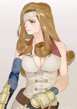 1girl armor beatrix belt breasts brown_eyes brown_hair cleavage commentary_request eyepatch female_focus final_fantasy final_fantasy_ix gloves gold_trim highres long_hair nini_tw99 solo