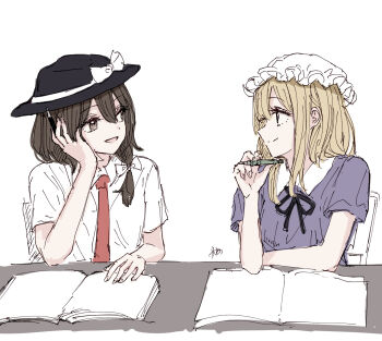 2girls arm_rest black_hat black_ribbon bow chair check_commentary collared_dress collared_shirt commentary_request contrast_collar dress elbow_rest hair_between_eyes hair_bow hand_on_own_cheek hand_on_own_face hat hat_bow highres holding holding_pen kashiwada_kiiho long_hair maribel_hearn medium_hair mob_cap multiple_girls neck_ribbon necktie notebook one_eye_closed pen purple_dress red_necktie ribbon shirt short_sleeves signature sitting table touhou usami_renko white_background white_hat white_shirt